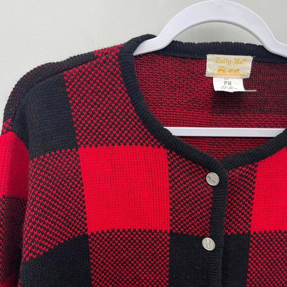 Vintage Tally-Ho‎ Red Black Plaid Knitted Cardigan Sweater Carriage Horse Button - Picture 3 of 6